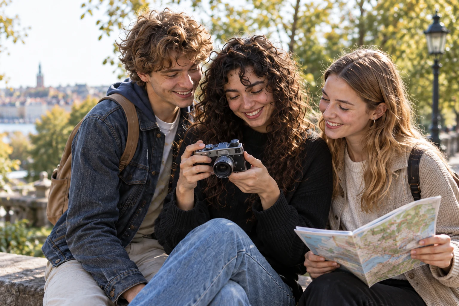 Three friends exploring a shared interest in photography